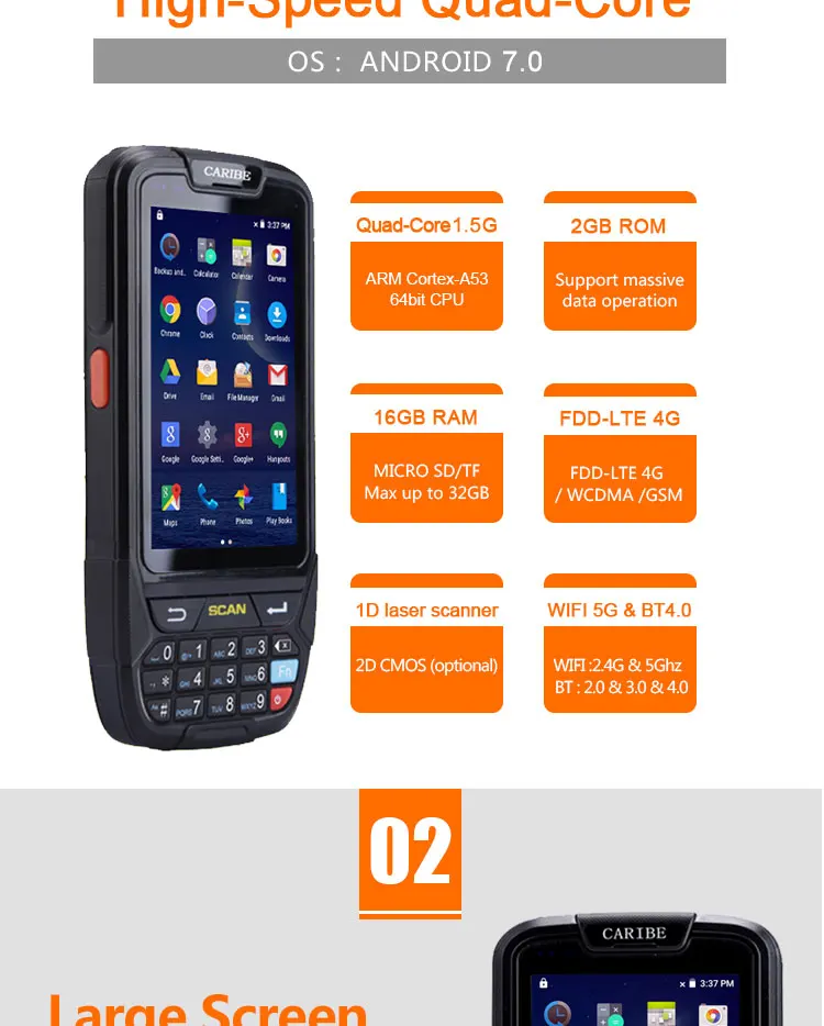 CARIBE Ручной 2D сканер штрих-кодов 4 дюймов Rfid Uhf NFC считыватель Android сканер Automotivo PDA