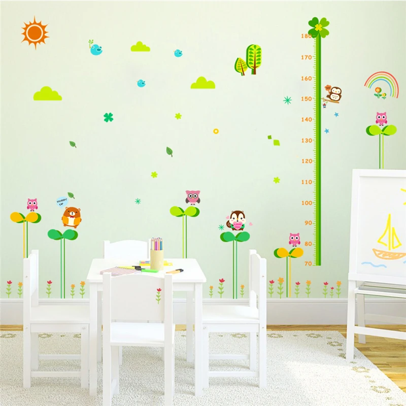 lovely owl squirrel birds flower height measure wall stickers for kids rooms cartoon animals growth chart decals art mural | Дом и сад
