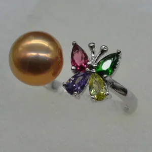 2020 New 9-10mm round rare freshwater pearl ring crystal butterfly 2020 New 9-10mm round rare freshwater pearl ring crystal butterfly