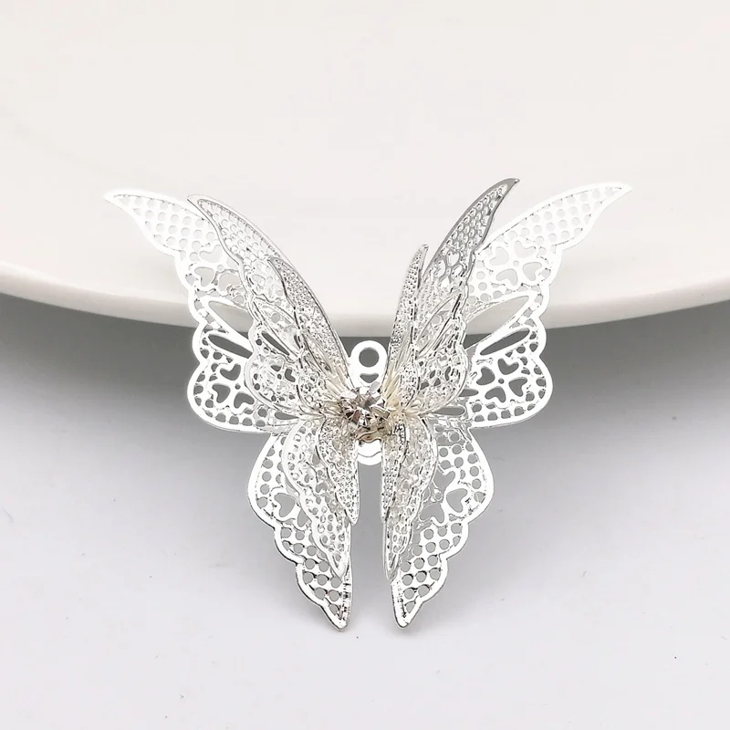 Silver color 10 шт./лот, размер 35*45 мм, Бабочка, латунь, античная бронза/золото, филигранные амулеты, установка ювелирных изделий, DIY компоненты B10053 - Цвет: Silver color