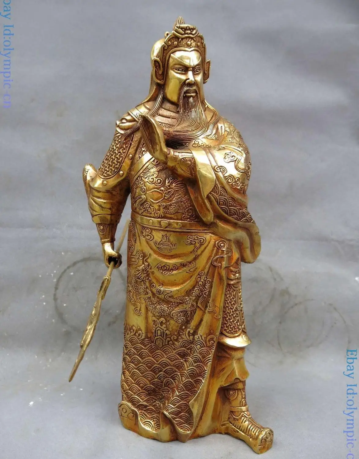 

13" China bronze gild carved lucky dragon Martial god of wealth Guan yu Statue