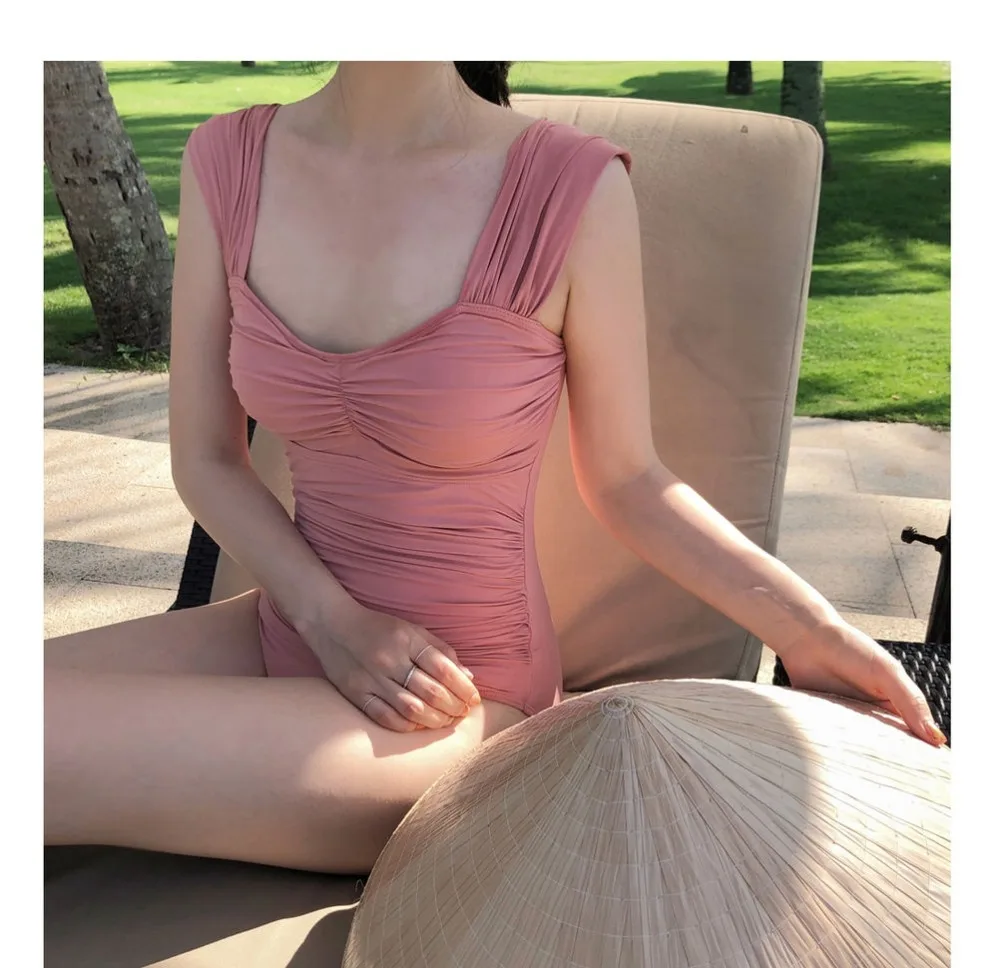 Korea Vintage Baby Pink Shirred Ruched One Piece Swimsuit Sexy Tummy Control Push Up Swimwear Women Monokini Bathing Suits