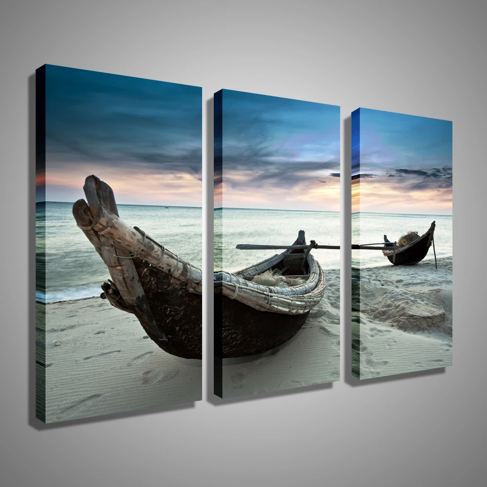 Drop shipping Oil Painting Canvas Beach Landscape Boat Wall Art Home Decor Modern Picture For Living Room 3 PCS No Frame | Дом и сад