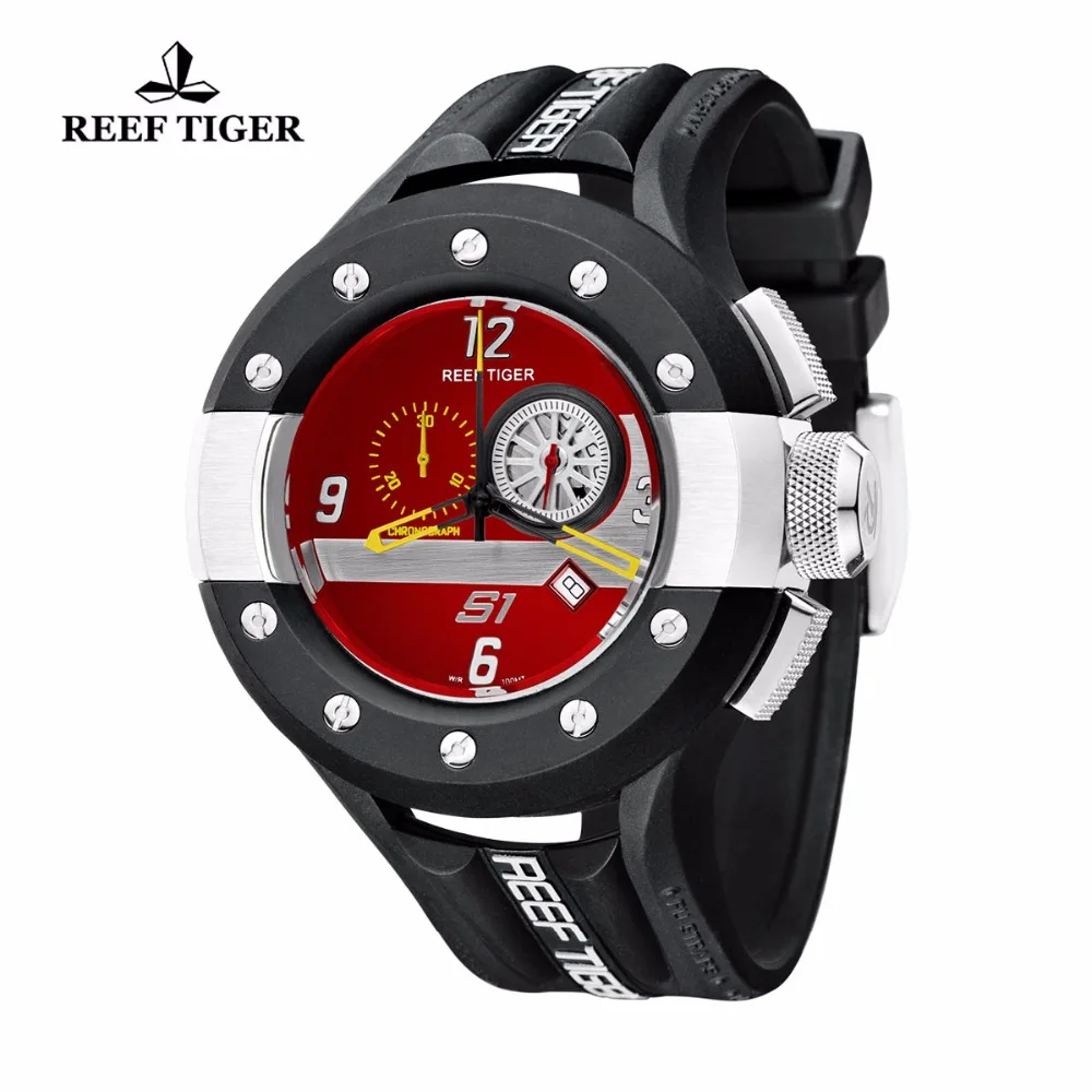 Reef Tiger/RT мужской хронограф и спортивные часы Красная приборная панель циферблат Кварцевые часы с датой сталь, резина секундомер часы RGA3027
