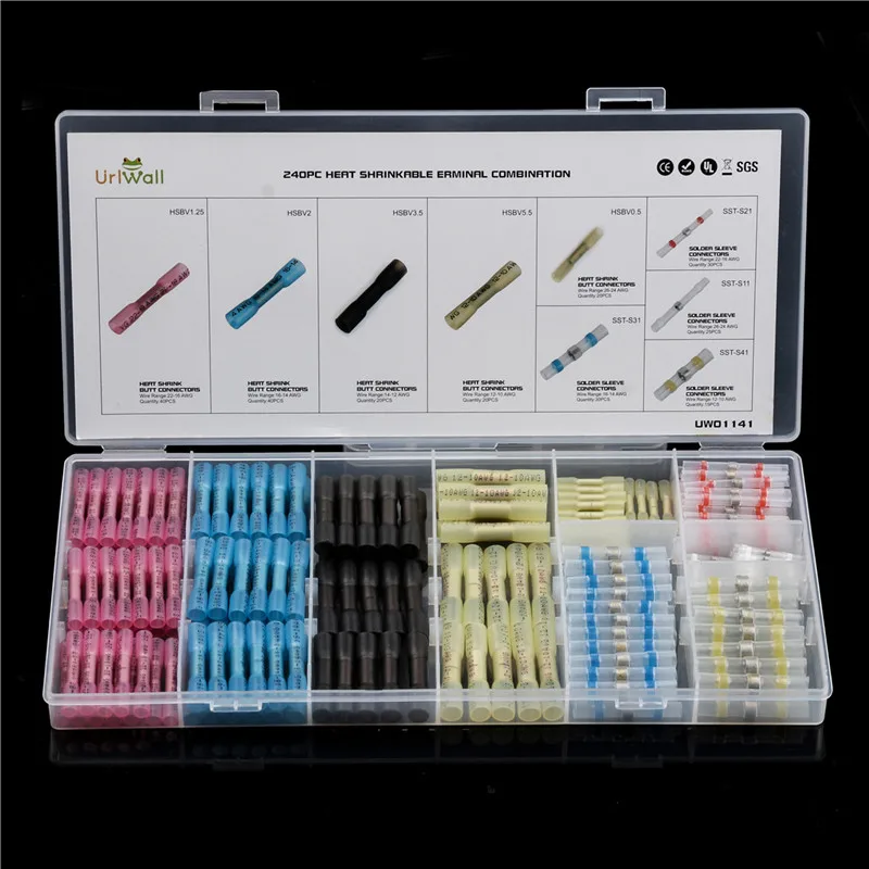 240Pcs Водонепроницаемый утепленная Термоусадочные Провода Разъем 150/200/240 шт изолированных обжимных разъёмов, коннекторов+ припоя рукавом Сращивание терминалы комплект - Цвет: 240Pcs