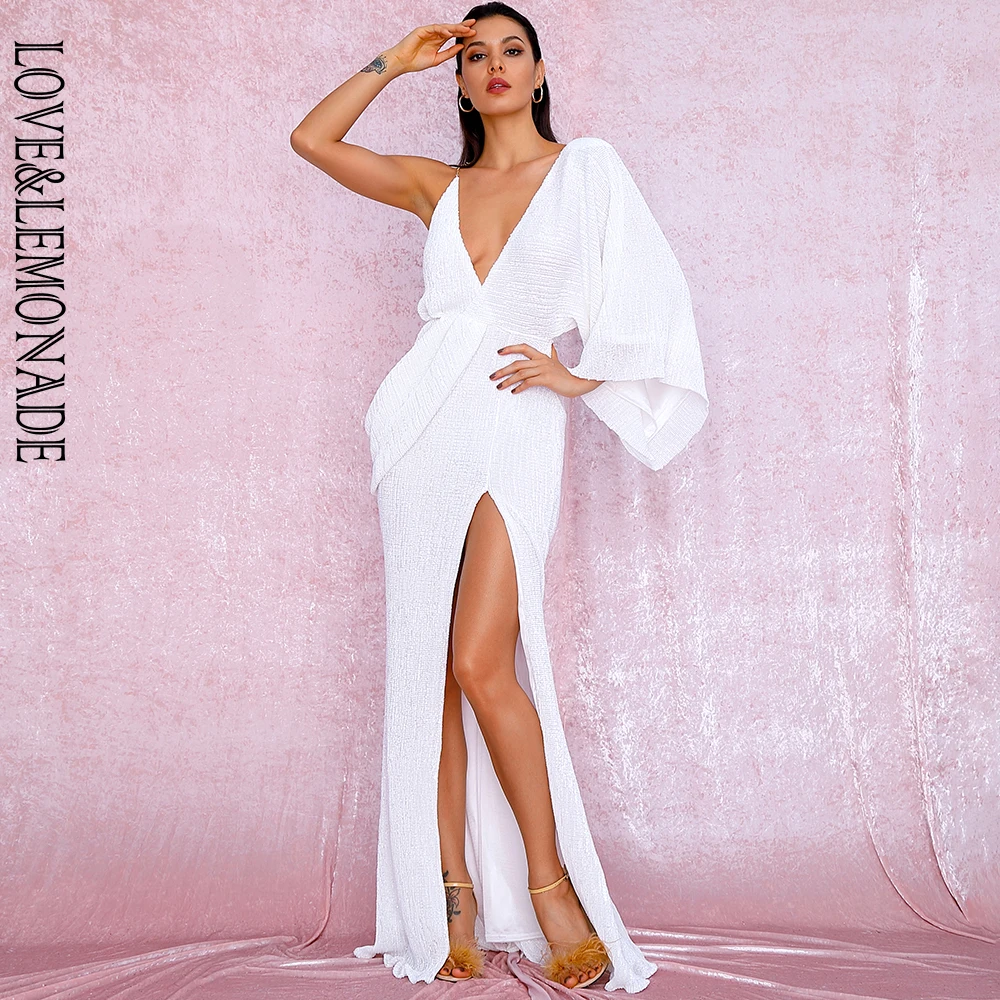 LOVE&LEMONADE Пикантные белые с v-образным вырезом горловины и рукавом блестками Разделение вечерние Макси платье LM81848