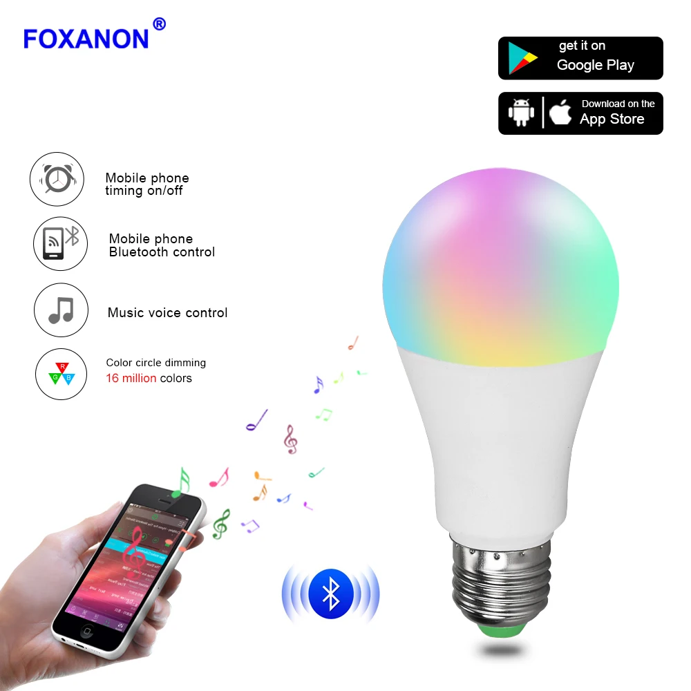 Foxanon Bluetooth 4 0 светодиодный RGB светильник лампа s E27 15 Вт Светодиодный RGBW RGBWW