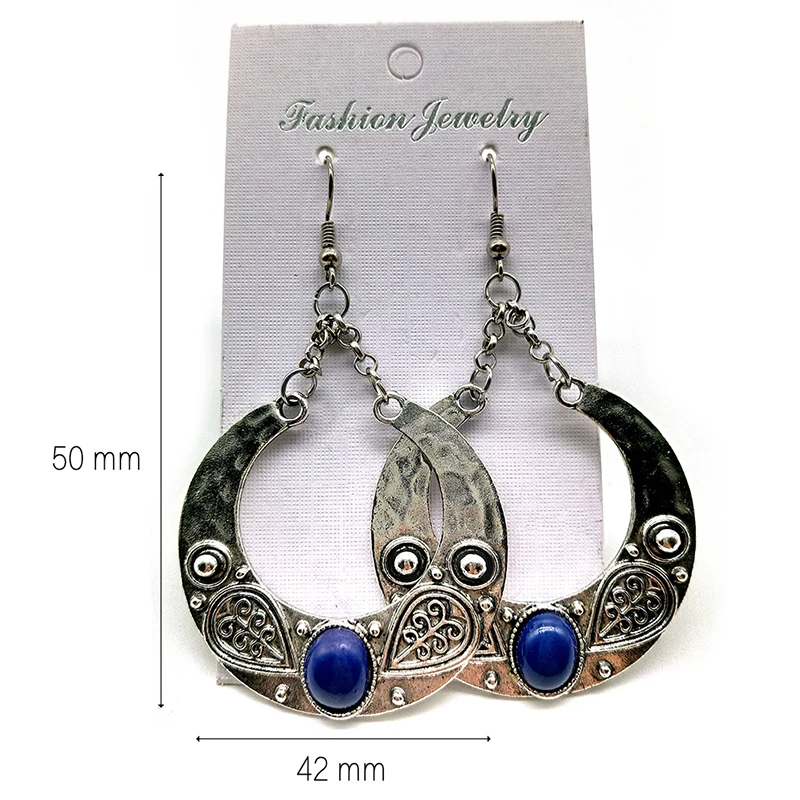 2 Pcs/Set Bohemian Retro Fashion Carved Opal Round Moon Gem Silver Color Pendant Earrings Personality Party Gift | Украшения и