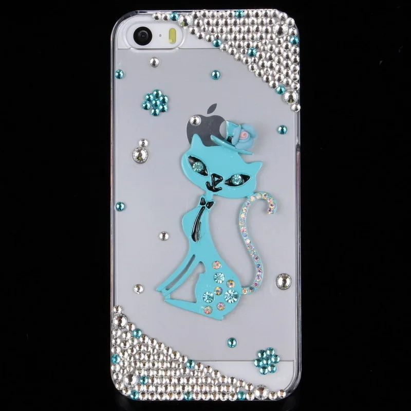 Синий Кот Ясно Bling Горный Хрусталь Кристалл Алмаза Телефон Дело Чехол для iPhone 5