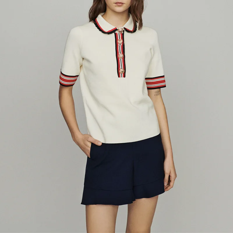 Лето 2019 новый воротник Питер Пэн короткий рукав Хит Цветной полосатый женский