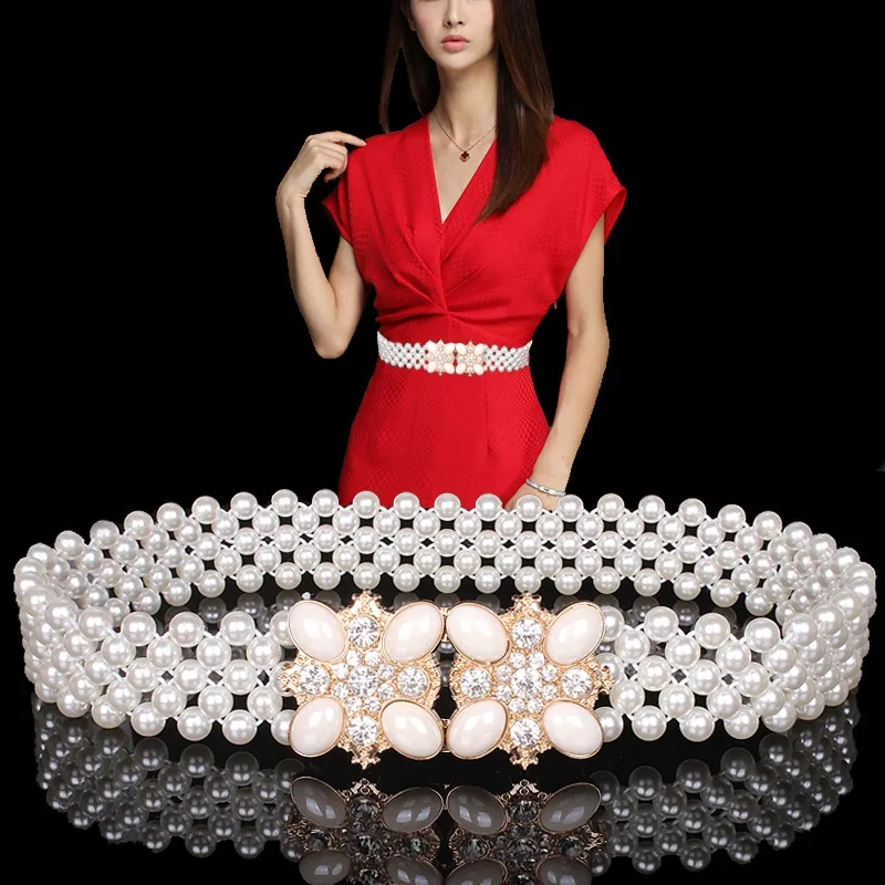 

Lady Wide Waistband Girls Drill Elastic Pearl Dress Waistbelt Students Decorative Waistband Waist Accessories B-8499