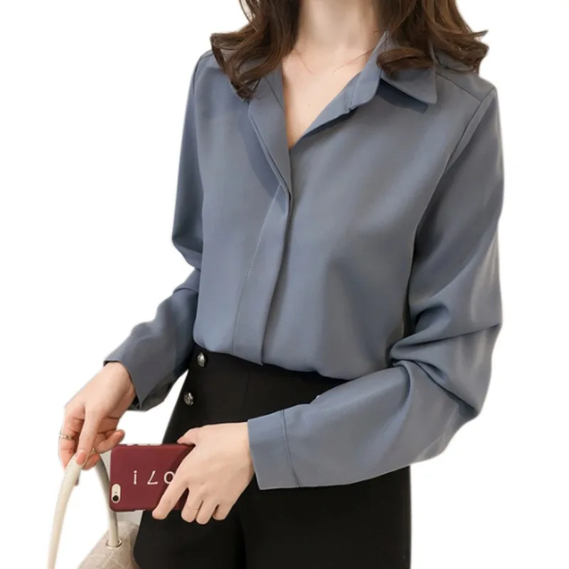 

Hot 2019 Autumn Office Lady Shirts Women Chiffon Solid Long Sleeve V Neck Blouse Work Wear