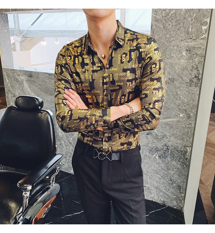 Camisa Social, приталенные, серебристые, золотые, с принтом, рубашки, Camisa MasculinaRopa De Hombre, повседневные рубашки, мужские Клубные рубашки, дизайнерские