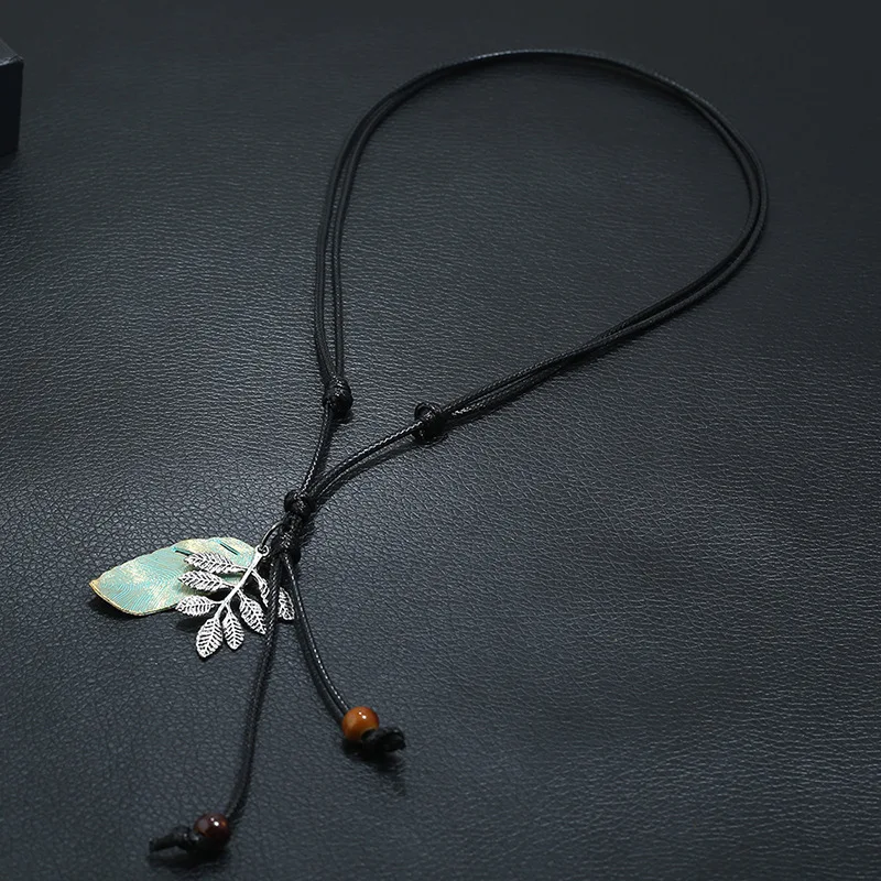 Vintage Retro Women Jewelry Metal Pendant Statement Long Adjustable Black Leather Chain Handmade Rope Wax Cord Fashion Necklace | Украшения