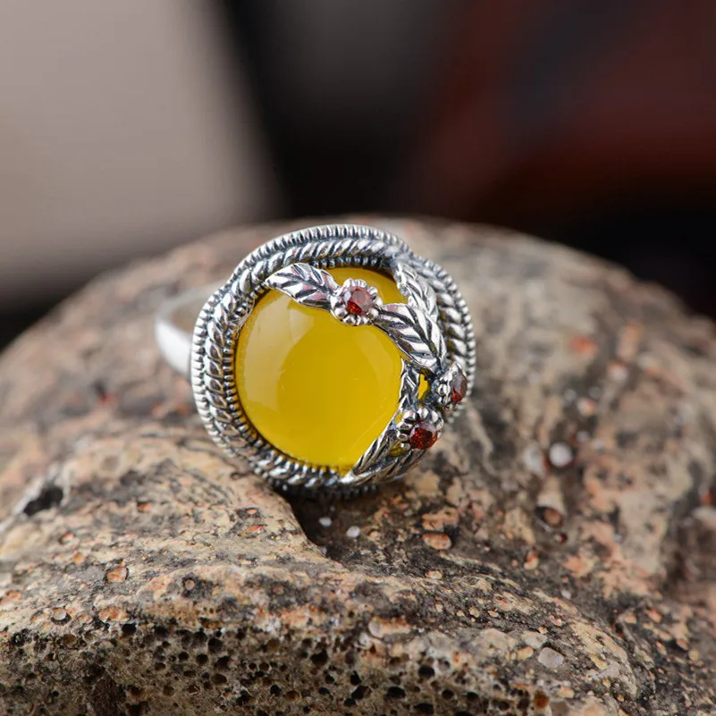 FNJ Природный желтый халцедон кольцо 925 пробы серебро Винтаж anillos S925 тайский Серебряные кольца для Для женщин ювелирные изделия Регулируемая Размеры