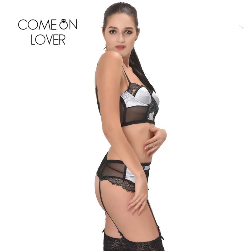 Comeonlover, Женский комплект с бюстгальтером, нижнее белье, сетка, микрофибра, бюстгальтер на косточках+ трусики+ подвязки, сексуальное нижнее белье, комплект с бюстгальтером размера плюс, набор для бара RI80093