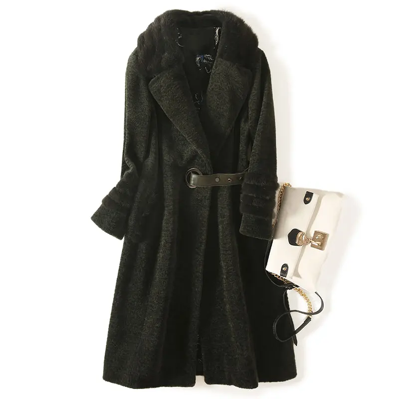 dark green Натуральное меховое пальто осень зима куртка женская одежда корейское винтажное шерстяное пальто норковый меховой воротник овечья шерсть шубы ZT1224 - Цвет: dark green