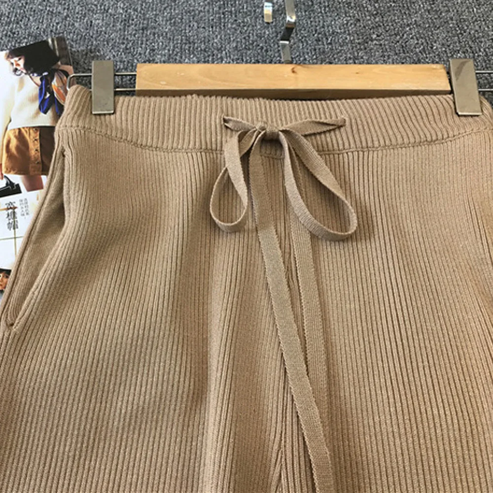 Женские трикотажные брюки повседневные длинные на шнуровке с высокой талией и