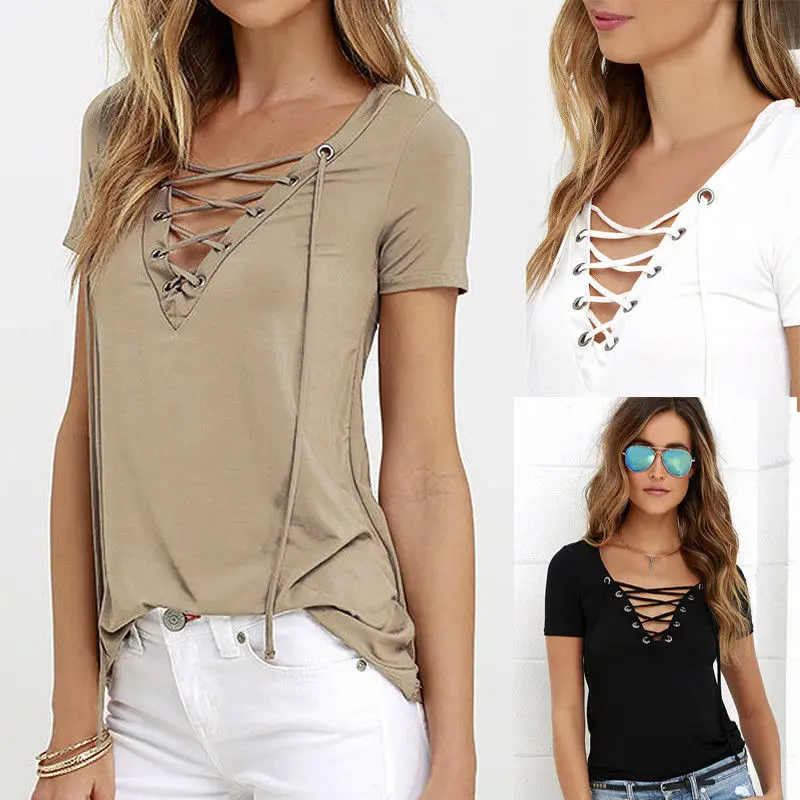 2017 футболка с V-образным вырезом на шнуровке коротким рукавом однотонная