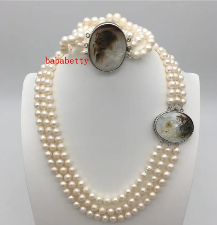 

New natural 3Rows 7-8mm White Akoya Pearl Cameo Beads Necklace 17-19" + Bracelet 7.5"