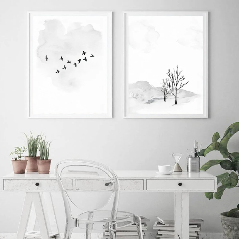 Минималистичные акварельные художественные принты зимний Декор монохромные
