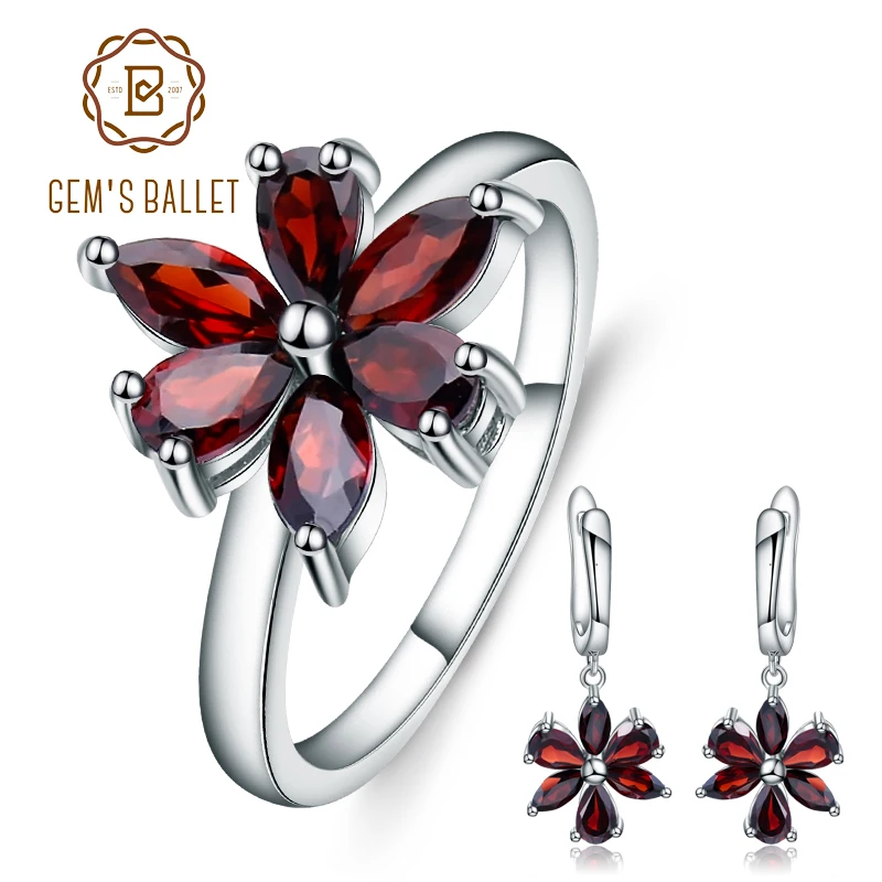 

GEM'S BALLET 4.16Ct Natural Red Garnet Gemstone Jewelry Set 925 Sterling Silver Earrings Ring Set For Women Fine Jewelry