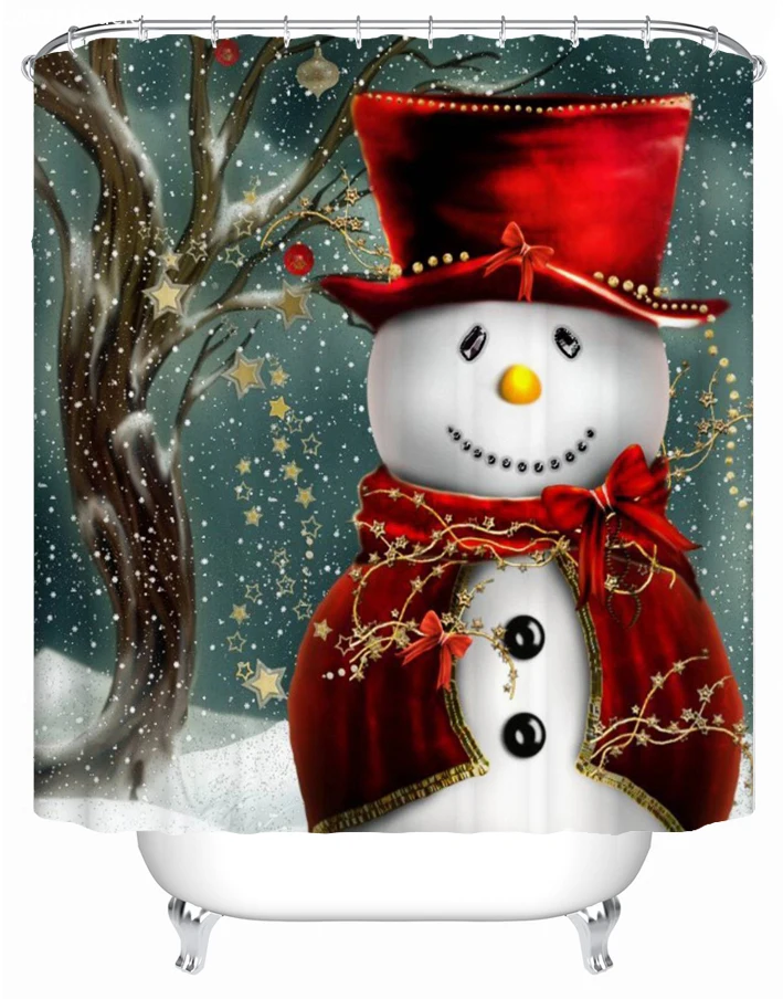 

Снеговик в алом плаще Рождественская декоративная ткань Водонепроницаемая занавеска для ванной комнаты