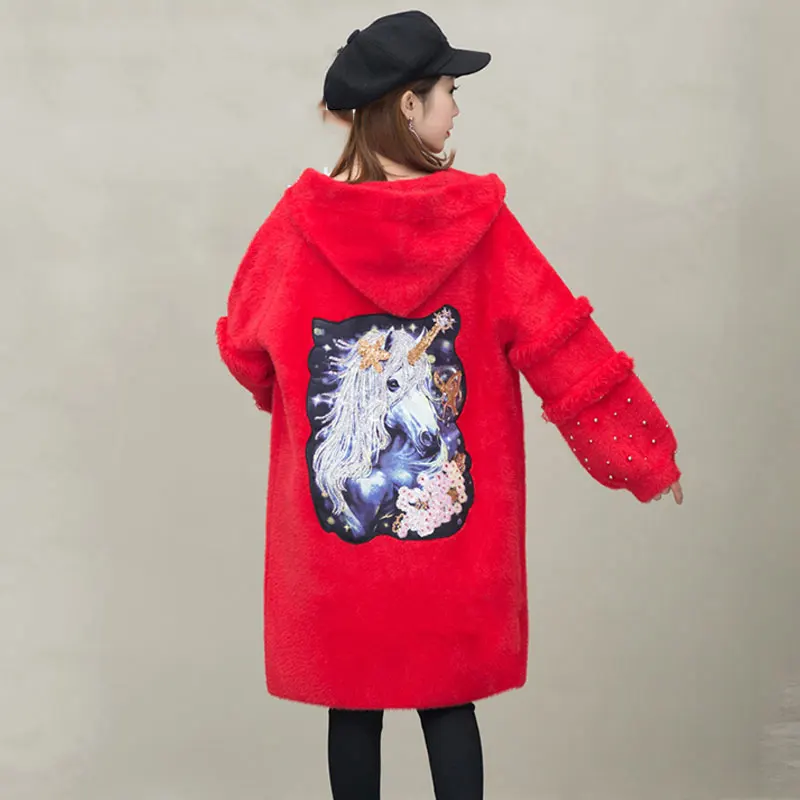 Autumn winter Velvet Hooded Cardigan Sweater Women Medium Long Loose Jacket Sleeve knitting Beading Feminine coat SS20 |