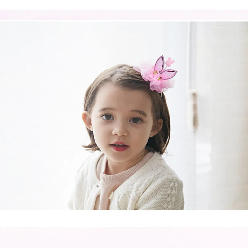New Kids Hair Accessories Sweet Bunny Ear Girls' Hairpin chiffon Flower Clips Headwear Girl Birthday Gift For Party| |