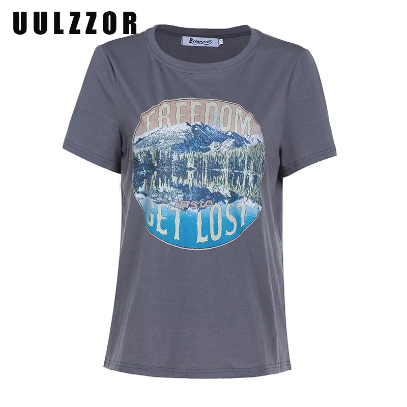 UULZZOR Boho свободная футболка с принтом Топ для женщин хлопок короткий рукав