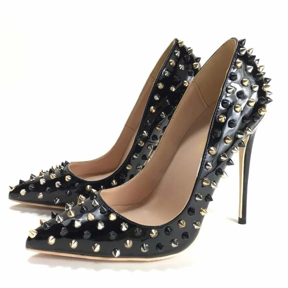 

Fashion free shipping women lady spikes black Patent Leather Poined Toe high heel shoe pump HIGH-HEELED Wedding shoes 12cm