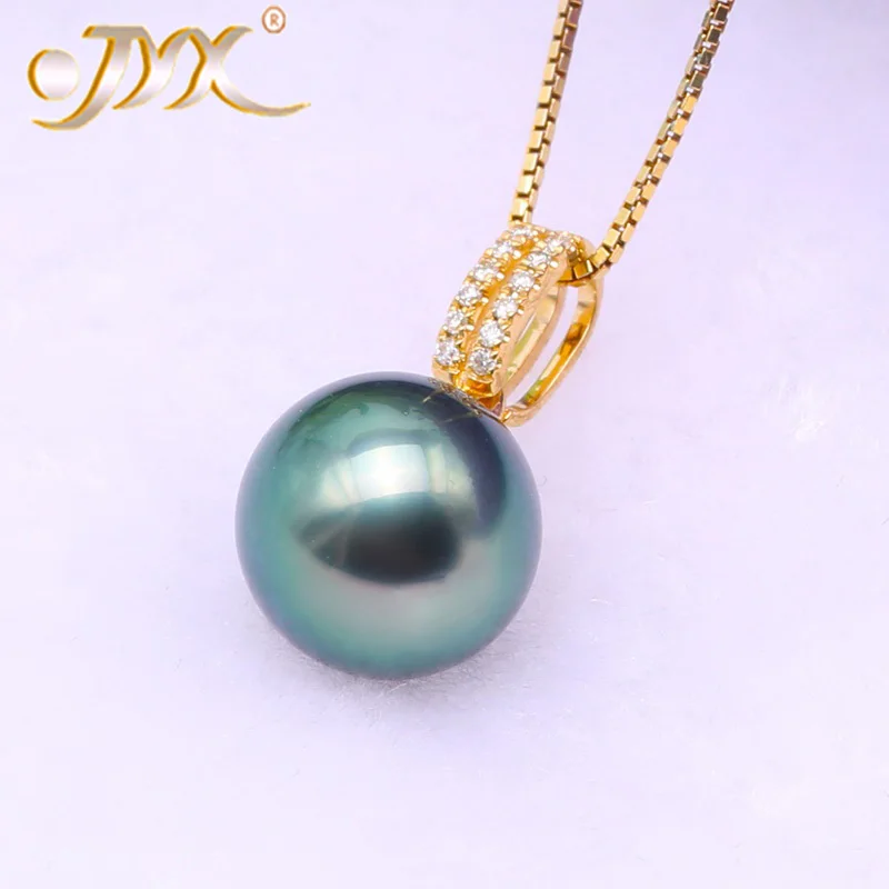 

JYX 18K Gold 10.5mm Peacock Green Tahiti Pendant Necklace with Diamonds 18" Selected South Sea Cultured Pearl AAA Jewelry Gold