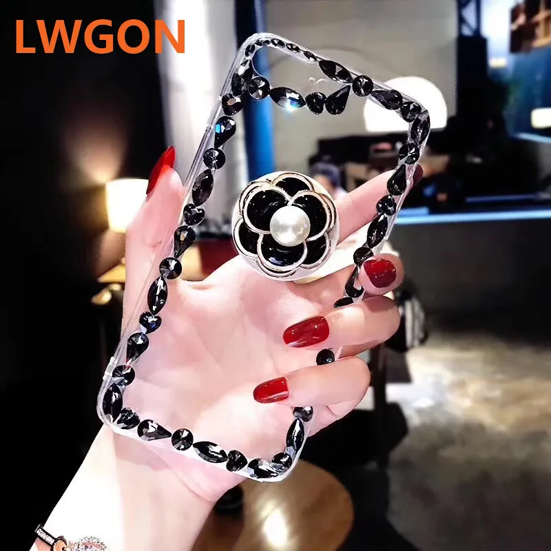 Роскошный чехол для мобильного телефона с алмазным жемчугом и цветком кронштейн