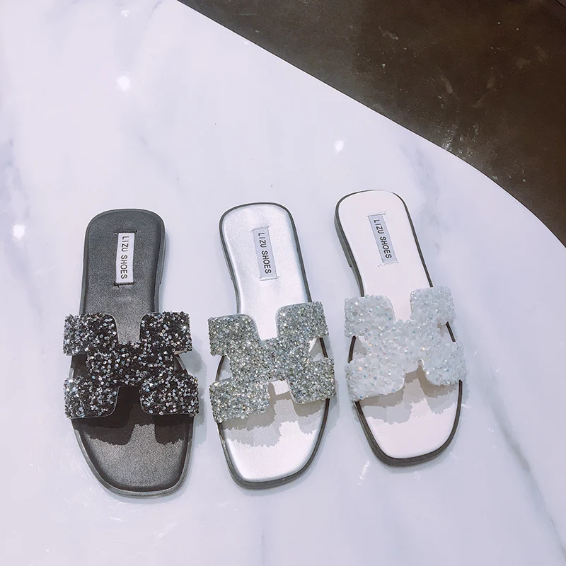 Новинка 2019 года летние модные женские пляжные шлепанцы с блестящими вставками