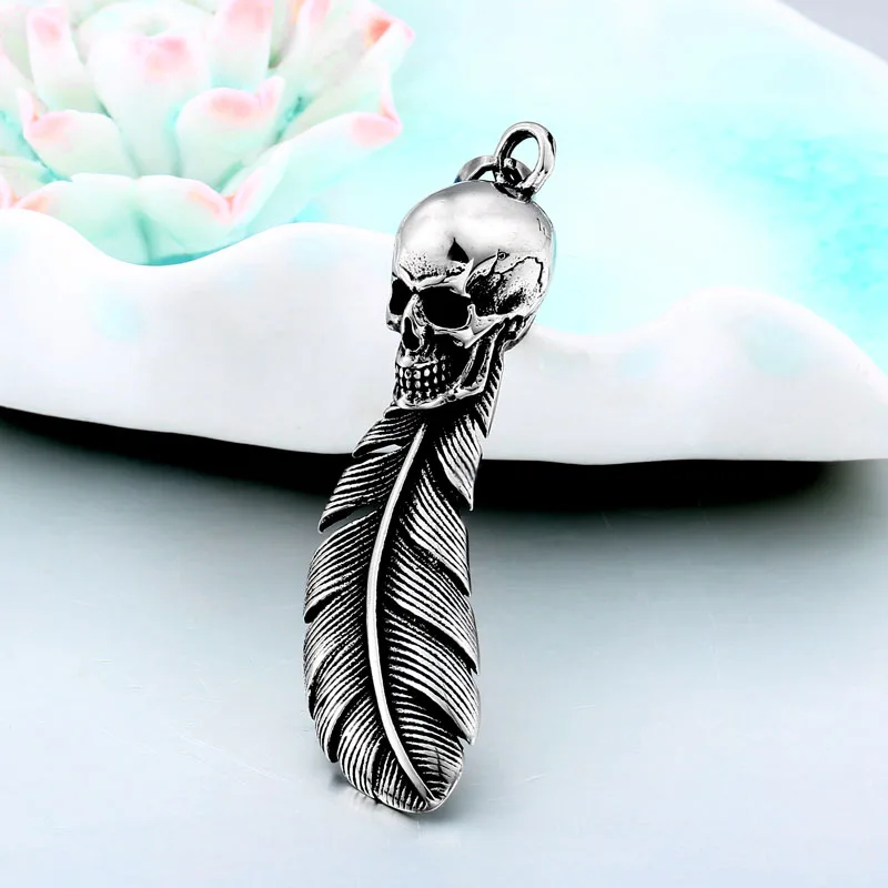 PUNK skull Stainless Steel Leaf chain Feather fashion man necklace pendant for gothic jewelry charm choker | Украшения и