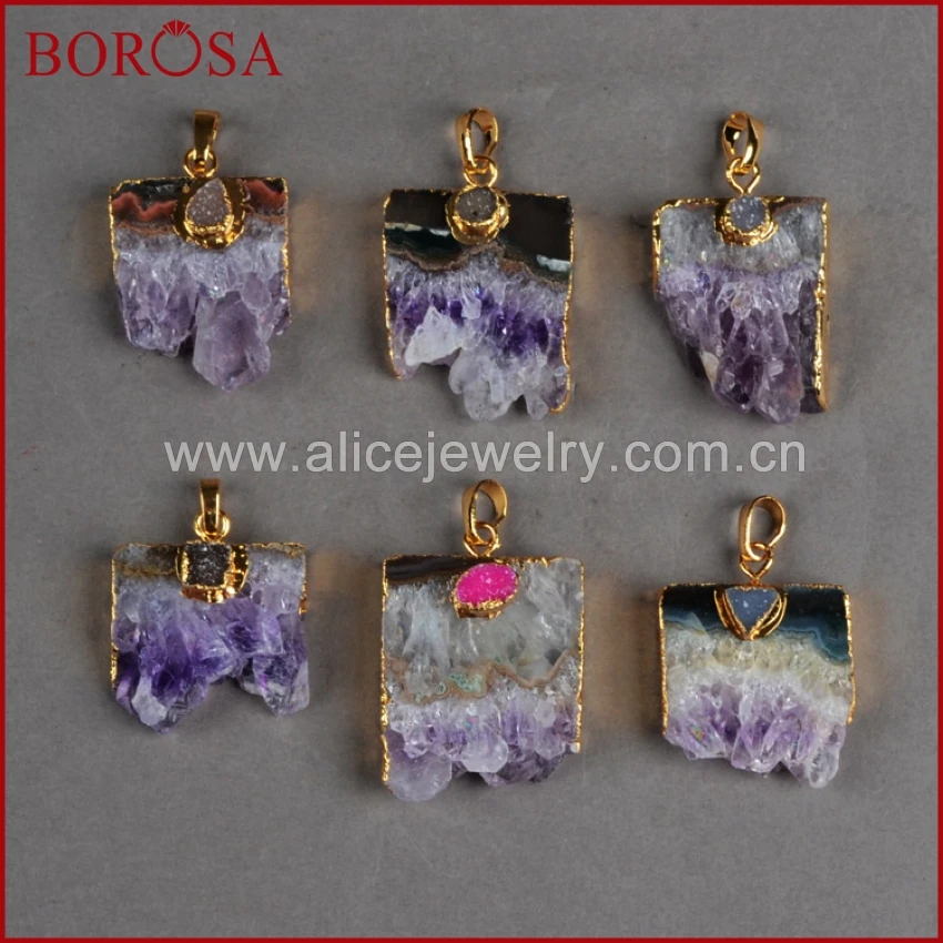 BOROSA Фиолетовый Кристалл Друза срез жеоды кулон золотой цвет с естественный