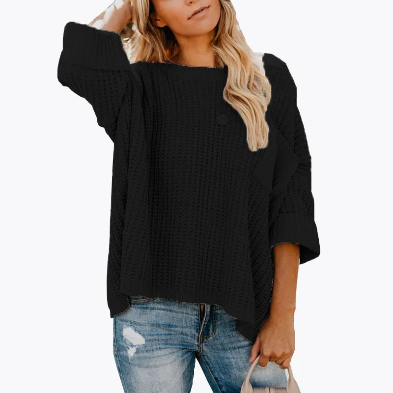 Pocket Loose Sweater and Pullover Autumn Winter Casual Woman O Neck Three Quarter Jumper Grey Black Beige | Женская одежда