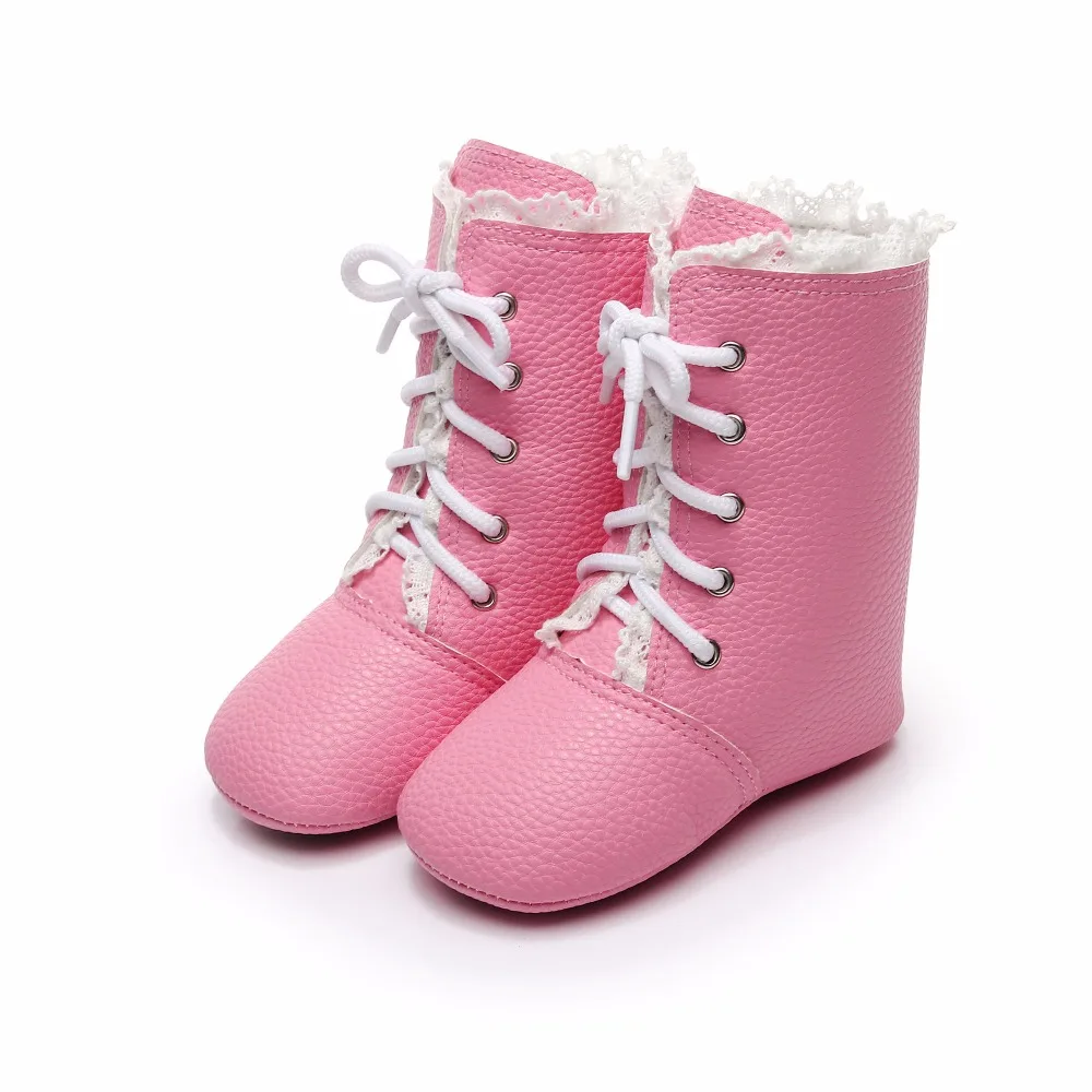 

Handmade Infant Baby Girls Lace High Boots Soft Sole PU Leather Baby First Walkers Casual Baby Fashion Baby Anti-Slip Booties