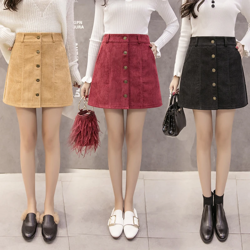 Autumn Skirts Womens Korean Fashion Casual Corduroy Skirt Women Single Breasted A-Line High Waist Mini Jupe Femme Faldas | Женская