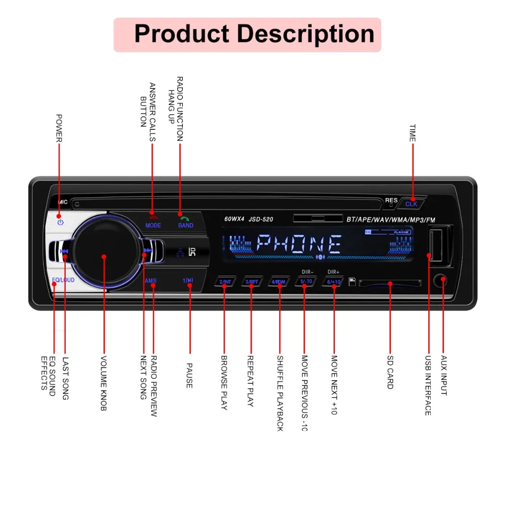 Авторадио автомагнитола 1din JSD 520 12 В Bluetooth автомобильный аудио стерео плеер 1 Din FM Aux