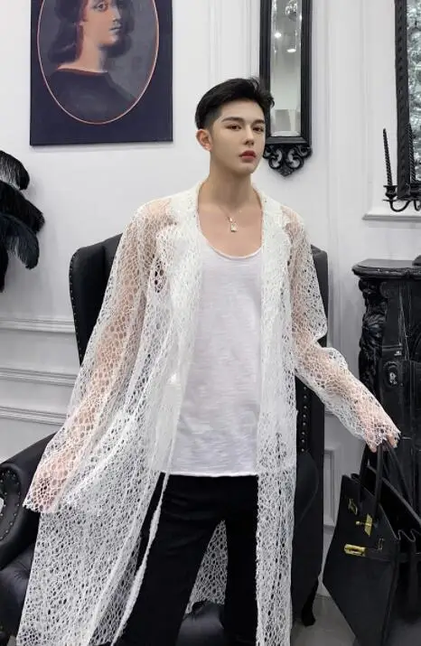 

bandage Mens trench coats man lace long coat men clothes Hollow Mesh overcoat long sleeve fashion 2020 new designer black white