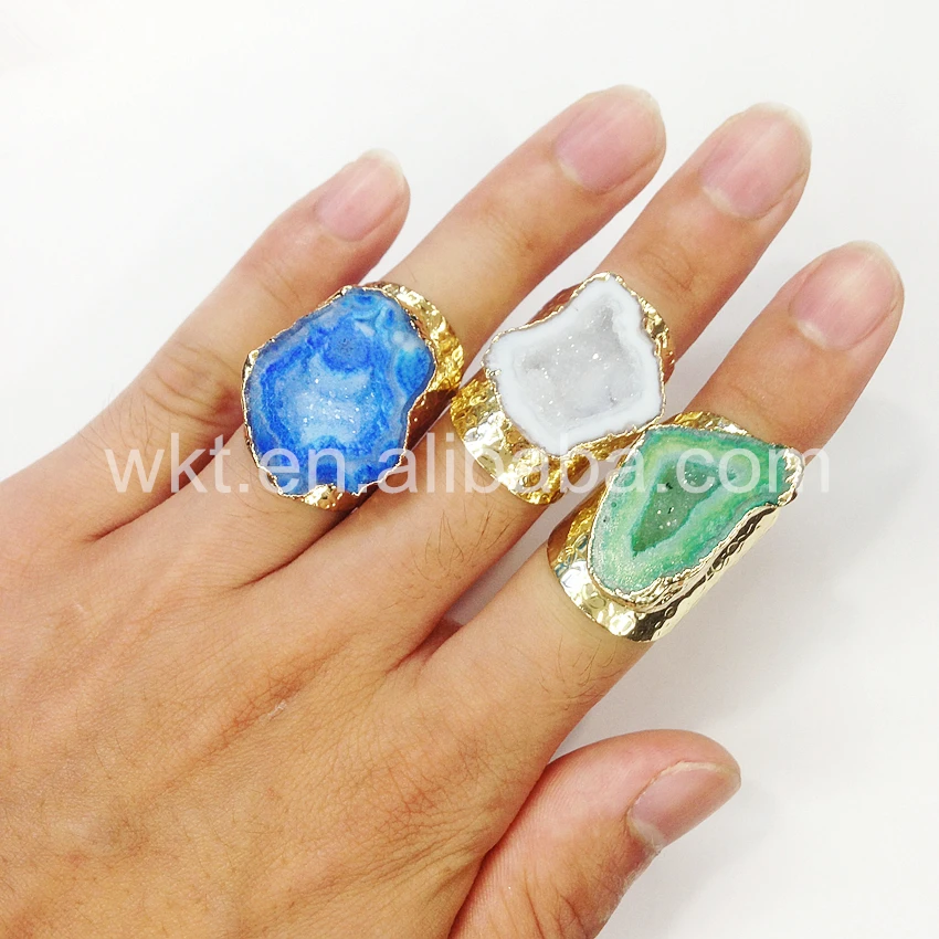 Женское кольцо с камнем натуральный жеод золотистое отделкой подарочное