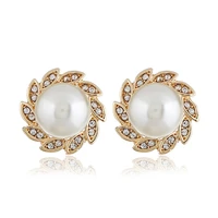 crley hot sale white pearl stud earrings for women sparkling gold wave clear rhinestone round pearl push back jewelry earings