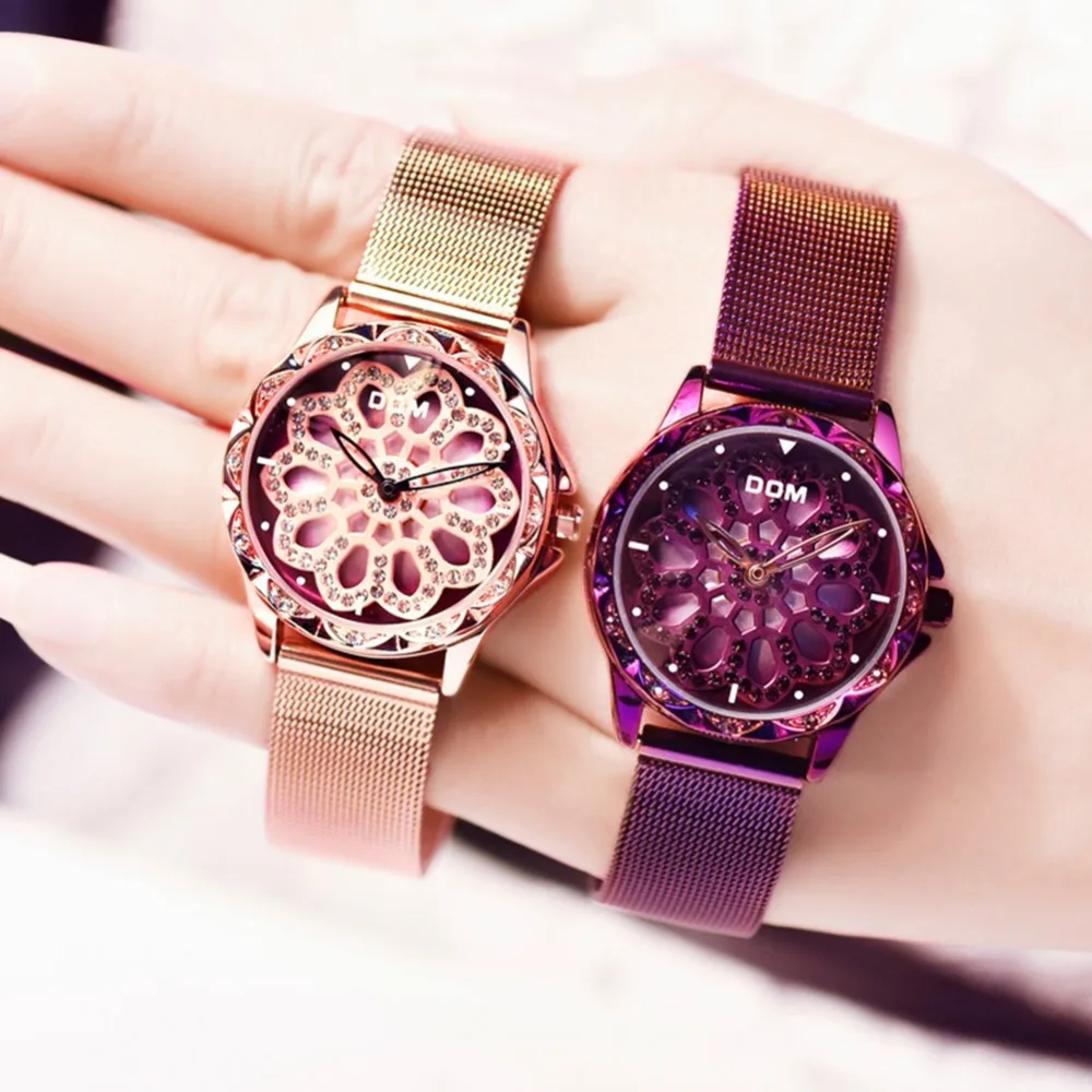 DOM Модные женские розовые с золотыми цветами и стразами Роскошные наручные часы