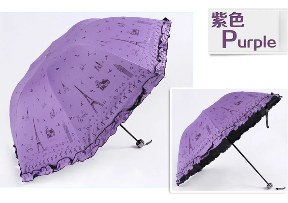 purple Корейский Apollo юбка принцесса Зонт Черный резиновый Париж железная башня ультрафиолетовых лучей слишком зонтик три складной зонтик - Цвет: purple