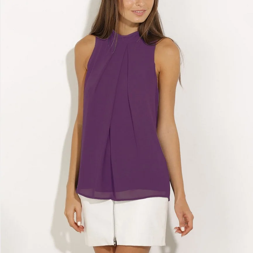 Women Shirts Blouses Top 2017 Summer Fashion Solid Hanging neck Sleeveless Chiffon Shirt Plus Size 3XL Clothing |