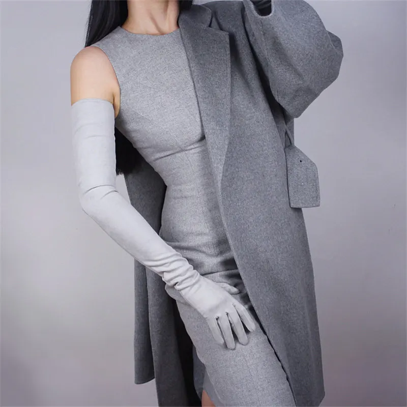 Suede light grey Модные очень длинные женские перчатки из лакированной кожи 70 см, имитация кожи, зеркальные Яркие Кожаные женские перчатки из искусственной кожи PU70 - Цвет: Suede light grey
