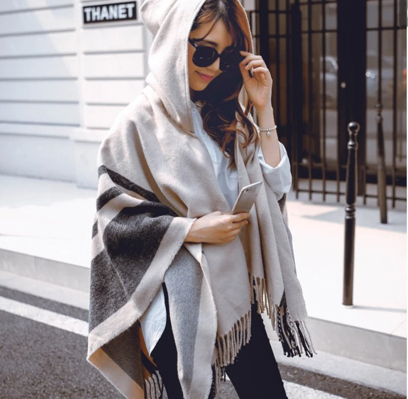 Женский вязаный кардиган большого размера пончо накидка теплый свитер Осень