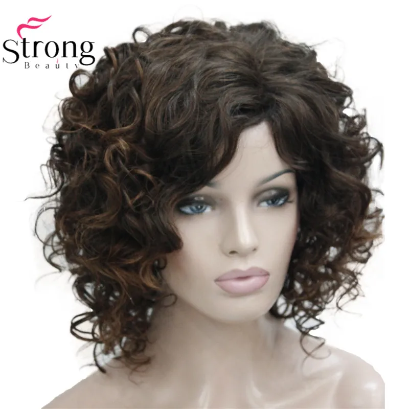 StrongBeauty короткий толстый темно-коричневый с выделениями супер кудрявый слоистый полный синтетический парик для женщин