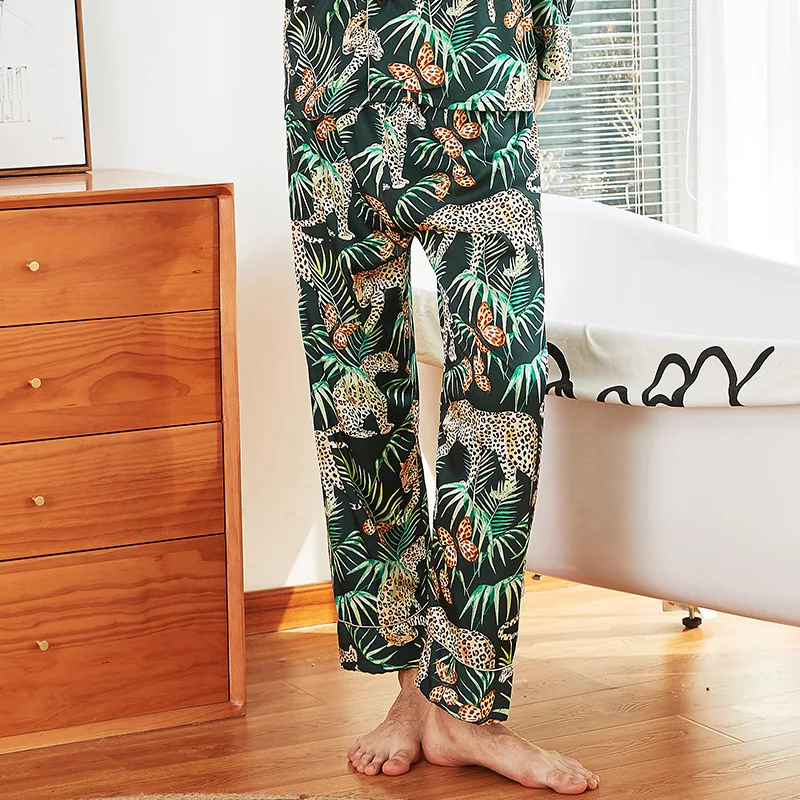 Мужская Шелковая пижама MA50163 Повседневная Свободная атласная с принтом летние